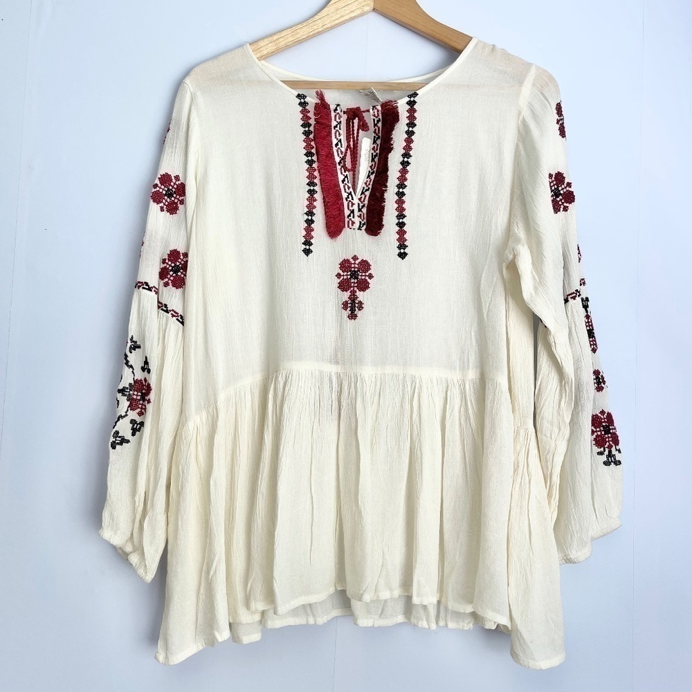 𝅺new Cute Option Ivory Embroidered Boho Peasant Top US S